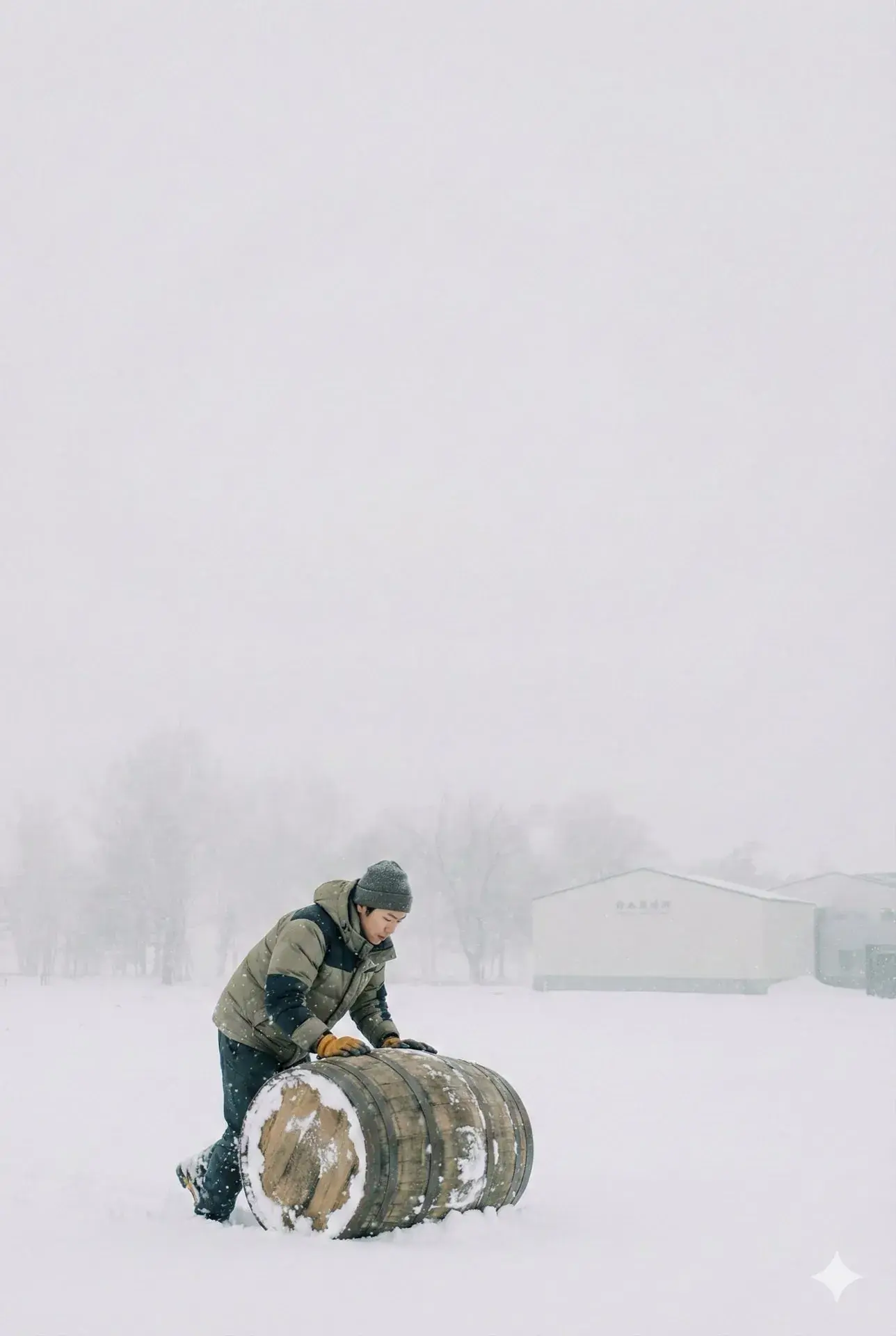 Distiller rolling a whisky barrel through the snow